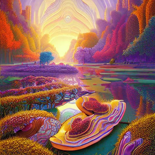 Prompt: palace river mushroom digital art art nouveau intricate details hyper realism vibrant colors by alex grey, evgeny lushpin, moebius, rhads, arthur adams