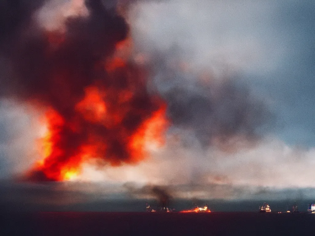 Prompt: “photography of oil rig on fire , fog, night, mood, atmospheric, full of colour, digital photography”