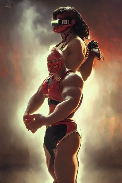 Image similar to painting of a wrestler character wearing vr goggles, shrugging arms, ultra realistic, sharp details, subsurface scattering, intricate details, warm lighting, beautiful features, highly detailed, photorealistic, octane render, 8 k, unreal engine, art by artgerm and greg rutkowski and alphonse mucha