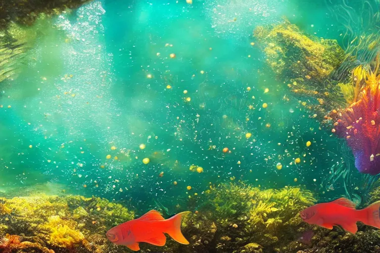 Image similar to ultra realistic underwater photography, panoramic picture of a river with ( subject : a very big exotic brightly coloured fish ). lots of bubbles. wavy, scattered light entering from the water surface, artstation, 8 k