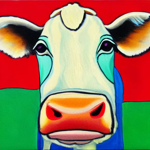Image similar to a stylized painting of a cow looking into the camera, 4 k,