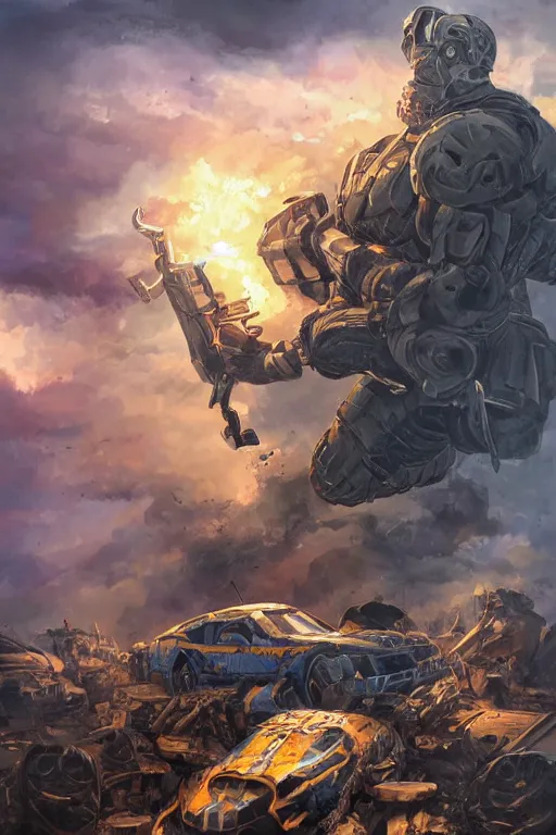 Prompt: a full body shot from distance of a super soldier with a Ukrainian blue and yellow stripes flag standing in the beam of light from the clouds on a pile of skulls and rotten cars as a winner, masculine figure, D&D, fantasy, intricate, elegant, highly detailed, digital painting, artstation, concept art, matte, sharp focus, symmetrical, illustration, hyperrealistic, art by Artgerm and Greg Rutkowski and Alphonse Mucha