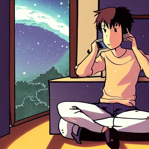 Prompt: a skinny computer nerd guy sitting on the floor of his room, crossed legs, laptop, smartphone, video games, tv, books, potions, jars, shelves, knick knacks, tranquil, star charts, calm, sparkles in the air, magic aesthetic, fantasy aesthetic, faded effect, by Studio Ghibli, howls moving house inspired, detailed, intricate,