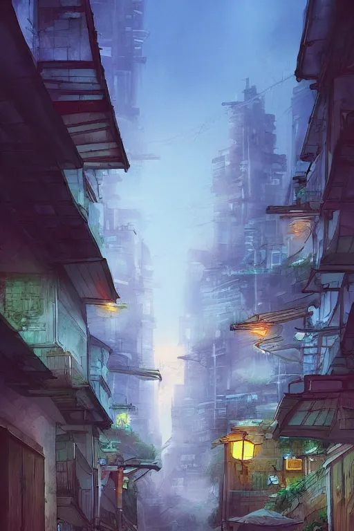 Prompt: backlane alley with kuala lumpur twin towers in the background, evening, highly detailed matte painting, studio ghibli, artstation