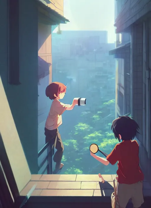 Image similar to boy teaching a girl using telescope on the balcony timidly, illustration concept art anime key visual trending pixiv fanbox by wlop and greg rutkowski and makoto shinkai and studio ghibli