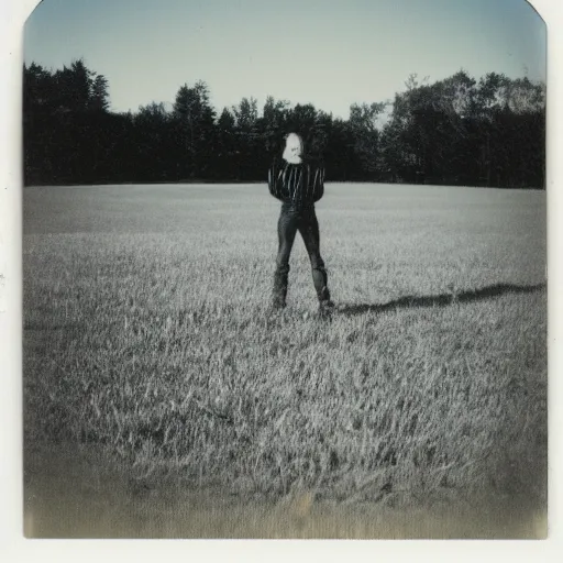 Prompt: polaroid photo of an empty field with a figure with long limbs standing in the far distance