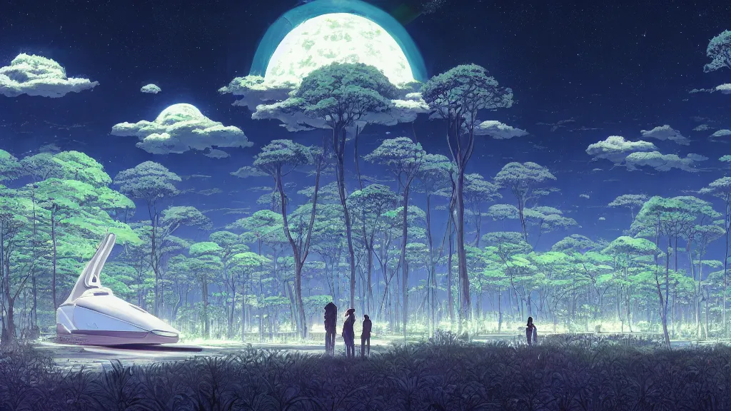 Prompt: highly detailed illustration of giant a giant forest with fireflies and futuristic white temples at night and lots of cummulonimbus clouds and a spaceship by makoto shinkai, by moebius!, by oliver vernon, by joseph moncada, by damon soule, by manabu ikeda, by kyle hotz, by dan mumford, by kilian eng