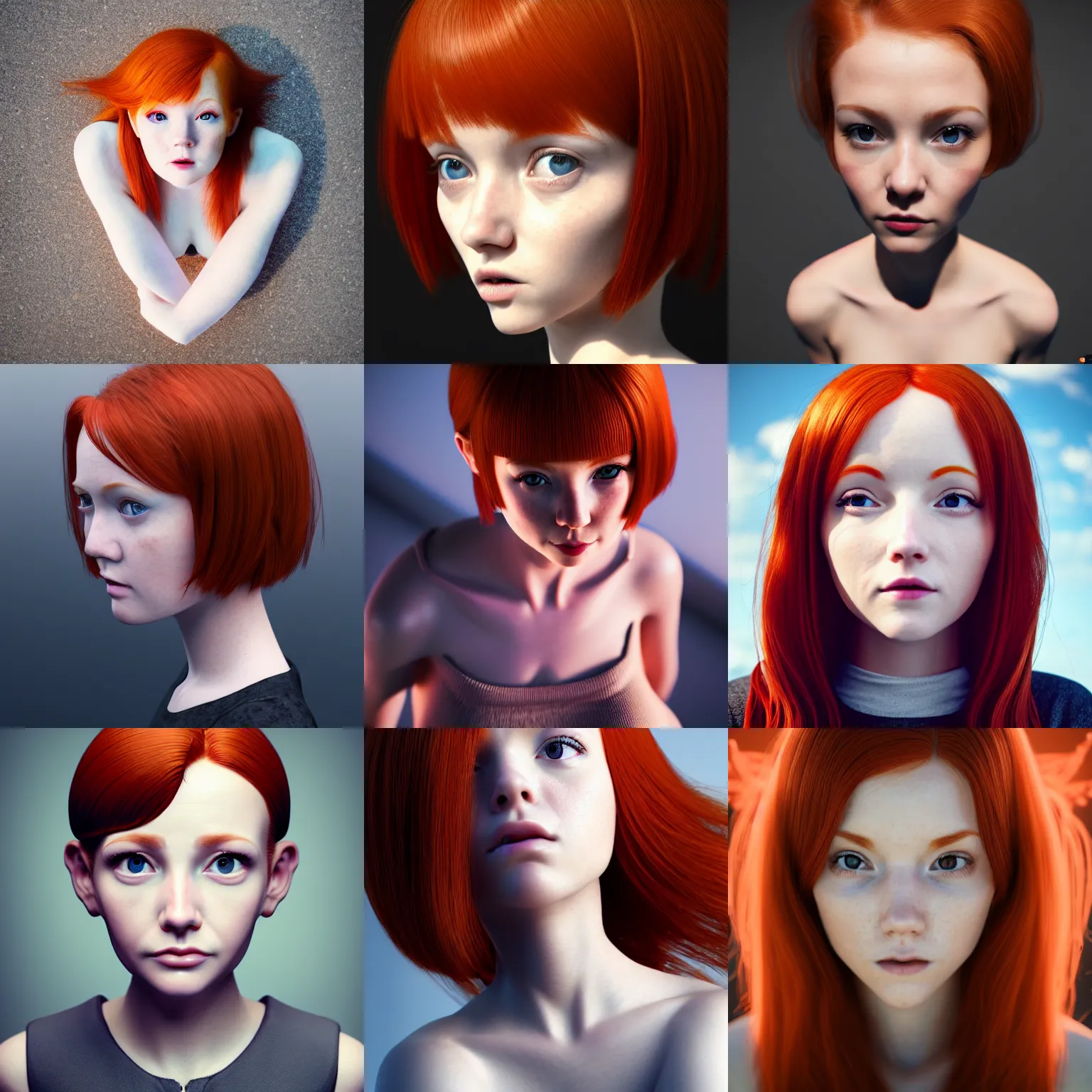 Prompt: photo from above of a redheaded petite girl, 135 mm, trending on artstation, seen from above, view from above, very coherent symmetrical artwork, perfect face, symmetrical face, camera above object, cinematic, hyper realism, high detail, octane render, 8k, chrome accents, unreal engine 5