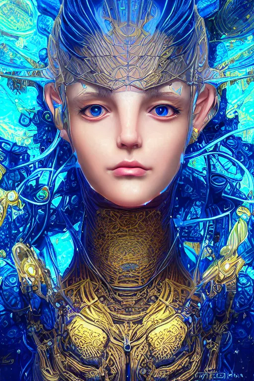 Prompt: Portrait of a psychedelic sci-fi goddess, third person, D&D, sci-fi fantasy, intricate, blue and gold, highly detailed , art by Range Murata, highly detailed, 3d, octane render, bright colors, digital painting, trending on artstation, sharp focus, illustration style of Stanley Artgerm,