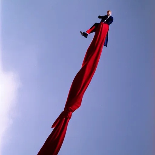 Image similar to Donald Trump, climbing a twenty foot tall red necktie, angry, press photo