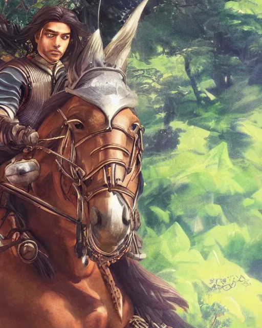 Image similar to detailed portrait of a spanish conquistador riding a horse in a dense jungle, art by clay mann and takeshi obata and greg rutkowski, studio ghibli color cheme, portrait, tarot card, sharp focus, unreal engine, detailed, realistic, face