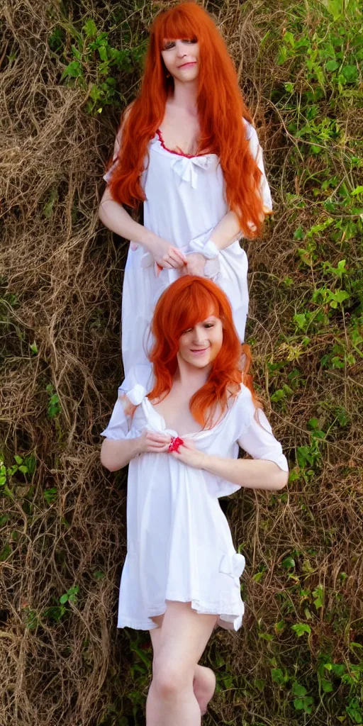 Prompt: beautiful ample redhead in a nightgown with a bow around her waist