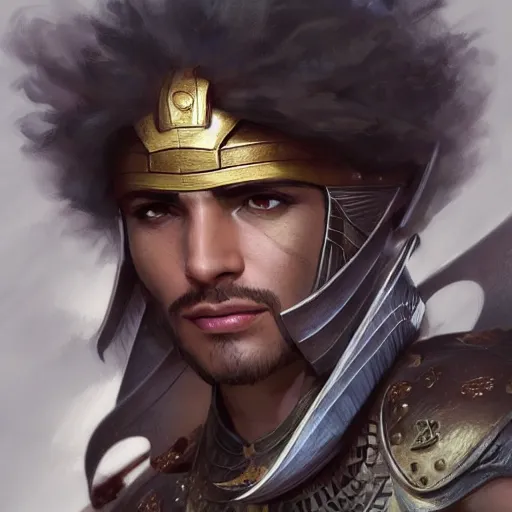 Image similar to male egyptian warrior, D&D, painted fantasy character portrait, headshot, intricate, elegant, highly detailed, digital painting, artstation, concept art, sharp focus, illustration, art by artgerm and greg rutkowski and alphonse mucha