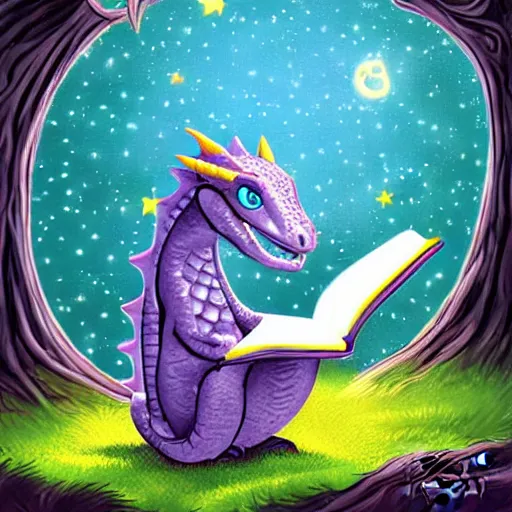 Image similar to cute dragon reading book under the stars, digital art