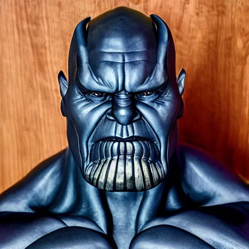 Prompt: a completely made of wood, real - world sculpture bust of the thanos marvel character, made of highly polished walnut wood, polished, cedar, polished tiger - wood. photograph, photographic, 3 5 mm