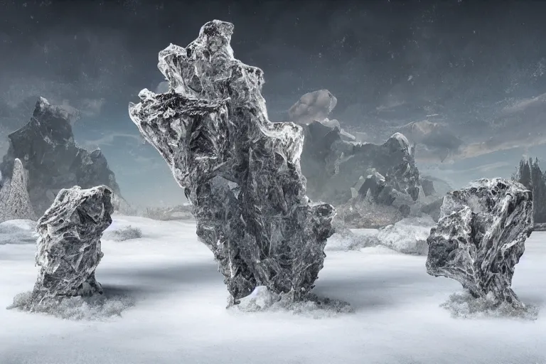 Image similar to a large crystal overgrowth sitting in the middle of a snow covered field, a matte painting by pascal blanche and salvador dali, featured on behance, new sculpture, matte painting, apocalypse art, apocalypse landscape