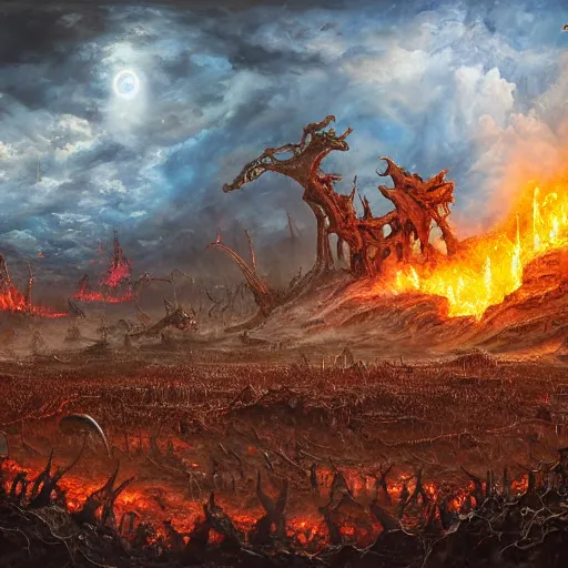 Image similar to brutal war on extraterrestrial battlefield, between extraterrestrial warlords, piles of skulls, bloody banners, fire, on ancient post - apocalyptic planet, jim henson creature shop, vivid and colorful, thomas kincaid, cinematic, oil painting, highly detailed, illustration