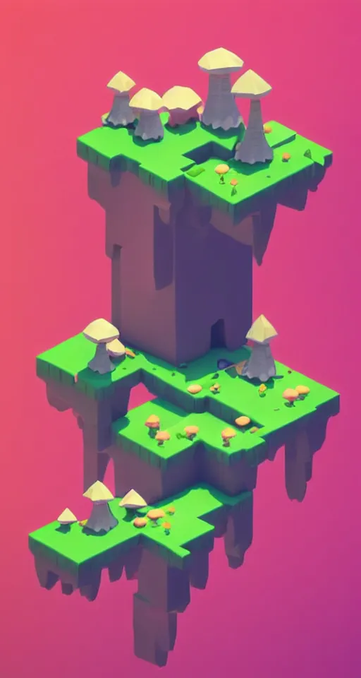 Image similar to a cute little matte low poly isometric mushroom island, lat lighting, soft shadows, trending on artstation, 3d render, monument valley, fez video game,