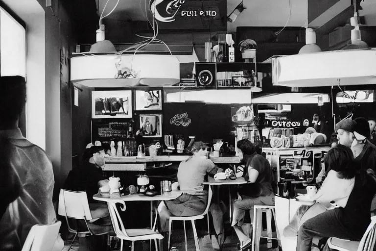 Image similar to retro - style cafe filled with pepe the frog customers drinking coffee, 8 0 s style, cinematographic photo