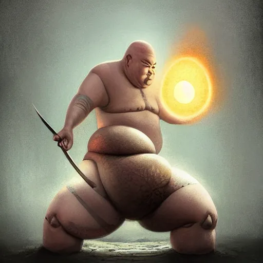 Image similar to Bald Giant Sumo beastly Samurai with an egg growing from his stomach, Digital, dark, fantasy, character, arstation by Bastien Lecouffe-Deharme, Balaskas, Christopher