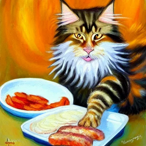 Image similar to beautiful impressionist painting of an ginger maine coon with a white beard cooking some sausages on a pan