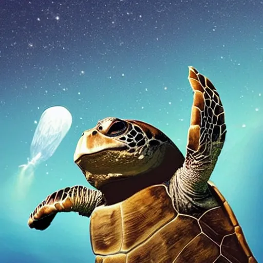 Prompt: turtle floating through space with a castle on it's back shell, Chris Pratt, comic