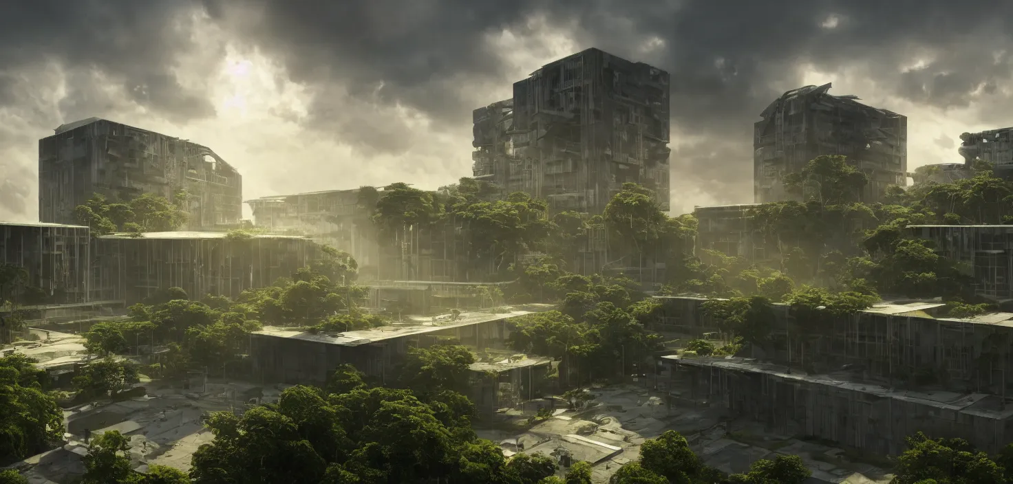Prompt: brutalist architecture, surrounded by lush green vegetation, stunning volumetric lighting, sunset, metal, concrete, translucent material, stunning skies, 8k, photorealistic, hyper detailed, unreal engine 5, IMAX quality, cinematic, epic lighting, digital painting in the style of DOOM, by Greg Rutkowski, trending on Artstation