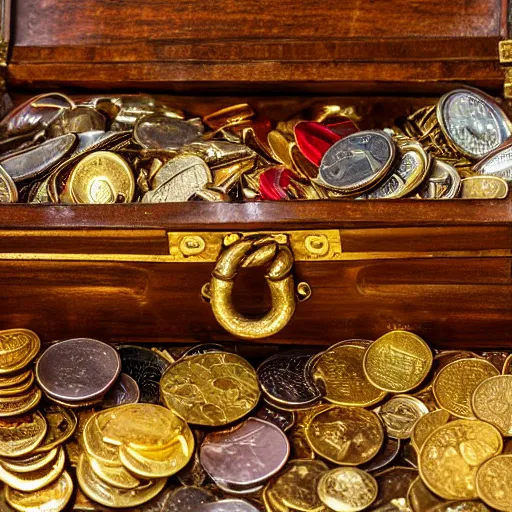 Image similar to A treasure chest filled with jewels, coins and golden artefacts, 4k, hdri, museum quality photo