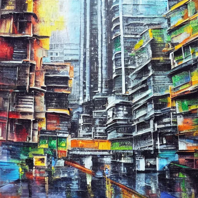 Image similar to streets of mumbai, future, mossy buildings, high fidelity, uncompressed, photorealistic oil painting, straight lines