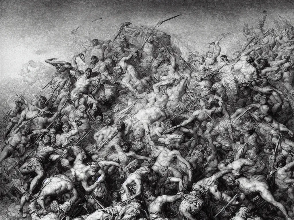 Image similar to burial mound of the Persian tyrant. The last fight of the Triasic. Painting by Gustave Dore, Pontormo