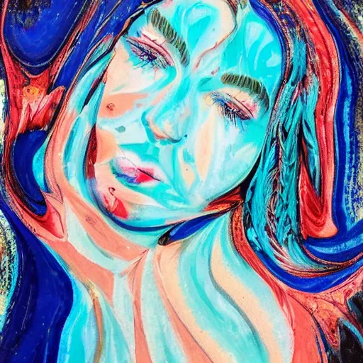 Prompt: acrylic paint pour of gorgeous woman, marbling, very detailed, 8k 4k :1 navy blue and cyan:1