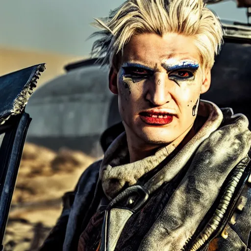 Image similar to xqc as immortan joe in mad max fury road, 4k, high detail, high-resolution photograph, professional photography, ultra-detail