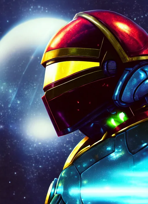 Image similar to Robot Suit, Samus Aran, Space Background, Bust, Concept Art, Helmet, Dredd, Karl Urban, Sylvester Stallone, Profile, High Detail, 2D art, Artstation, Neon lights, Sci-fi, Space suit, Luis Nieves Sr, Makoto Kano, Metroid