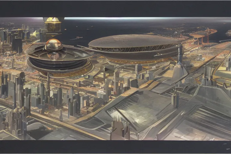 Image similar to ralph mcquarrie concept art for melbourne city landcsape