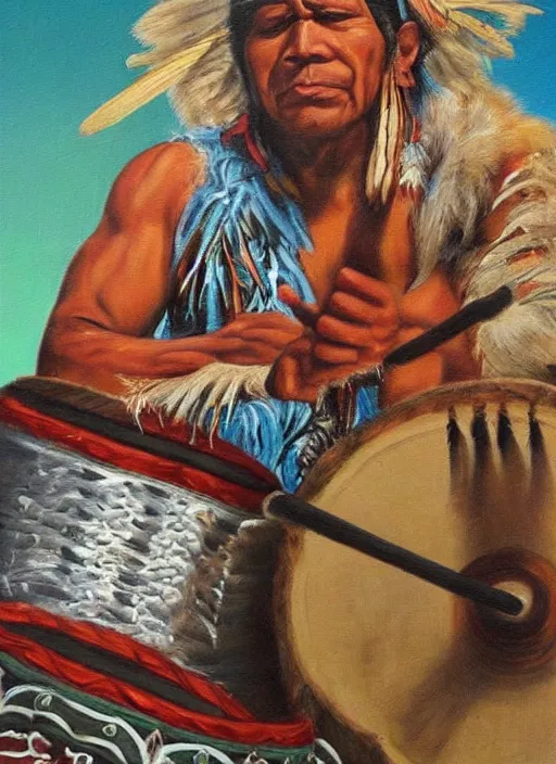 Prompt: a realistic painting of indigenous man playing drums, highly detailed, fantasy art