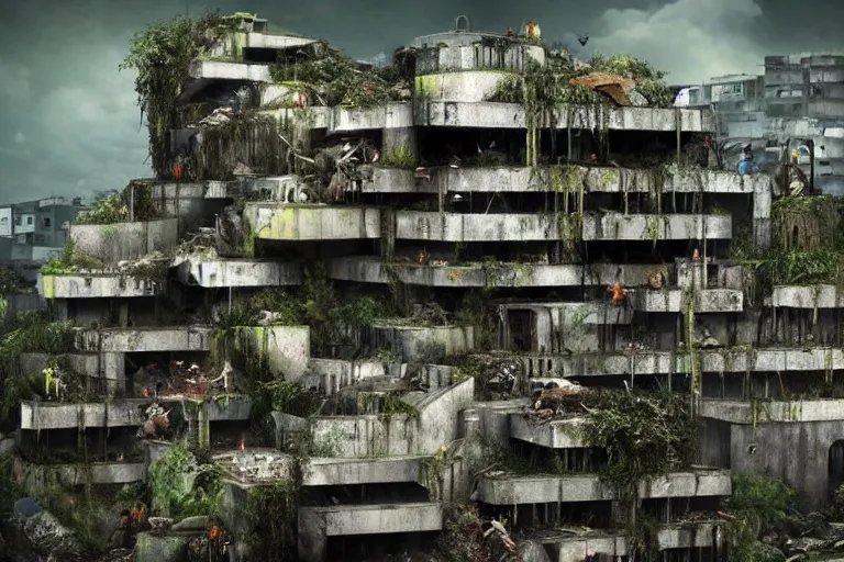 Prompt: favela bunker insect hive, brutalist waterfall environment, industrial factory, spooky, award winning art, epic dreamlike fantasy landscape, ultra realistic,