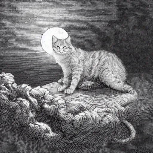 Prompt: a cat sleeping on the full moon, by gustave dore