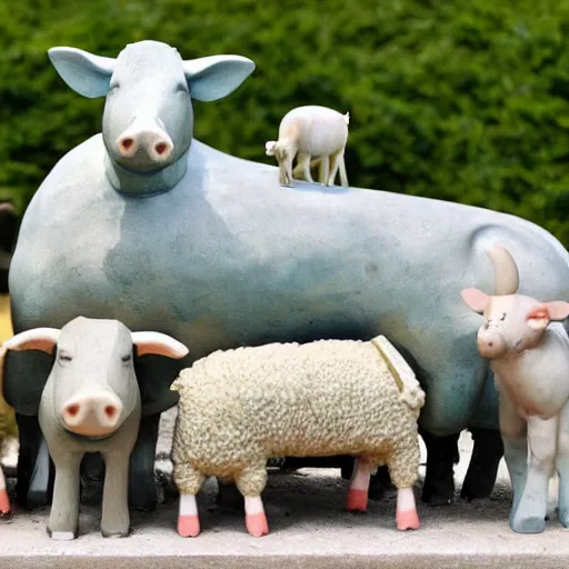 Image similar to statue of a pig, a cow, a horse, a chicken and a sheep