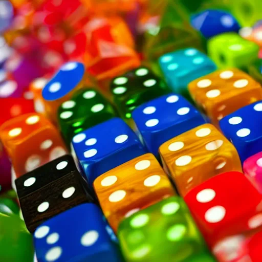 Prompt: gigantic dice with impossible geometry, colorful blurry background