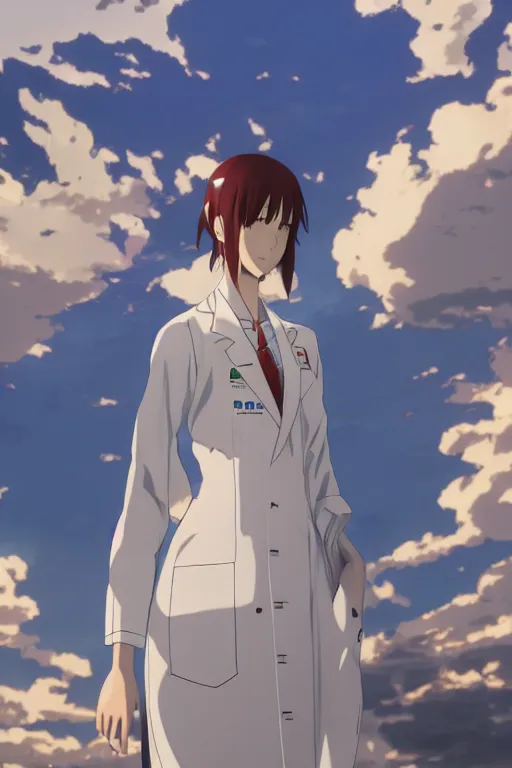 Image similar to Kurisu Makise in flowing lab coat by Akihiko Yoshida and Makoto Shinkai, with backdrop of god rays