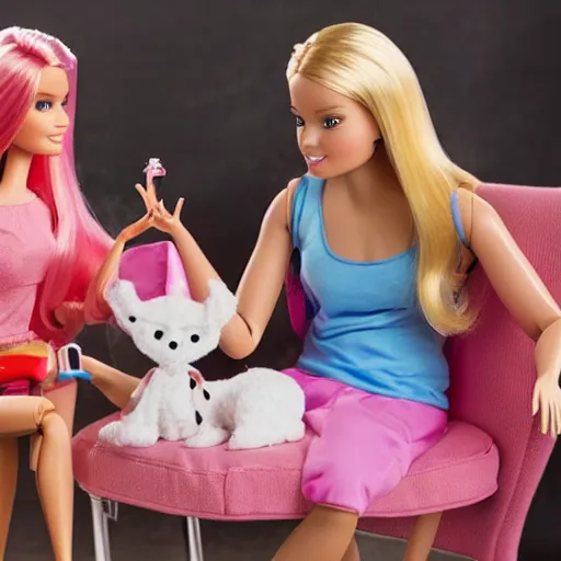 Prompt: a barbie plays with her human doll