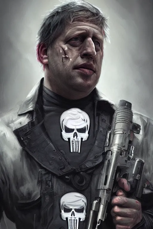 Image similar to Boris Johnson as Punisher, portrait, skull spraypainted on the vest, highly detailed, digital painting, artstation, concept art, smooth, sharp focus, illustration, cinematic lighting, art by artgerm and greg rutkowski and alphonse mucha