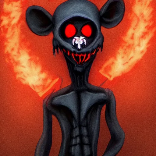 Image similar to a ghostly anthropomorphic rat with skull face and glowing red eyes wearing black tattered robes and holding two blue flames, grim reaper except a rat, photorealistic, artstation