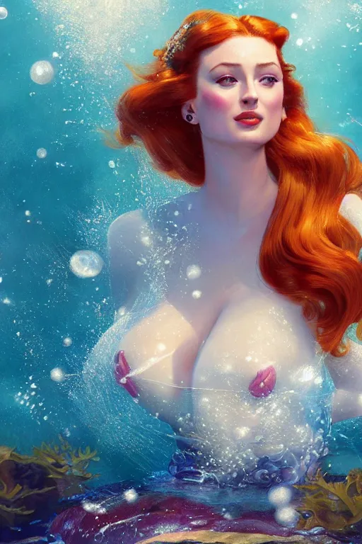 Prompt: sophie turner as the little mermaid underwater by Gil Elvgren Stanley Artgerm Lau, WLOP, James Jean, Andrei Riabovitchev, Marc Simonetti, Yoshitaka Amano, ArtStation, CGSociety, hair floating covering chest, bubbles vfx, cinematic lighting, god ray, starlit shining eyes