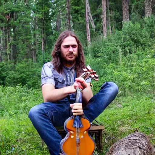 Image similar to a photo of a young man with long hair playing mandolin in the wilderness