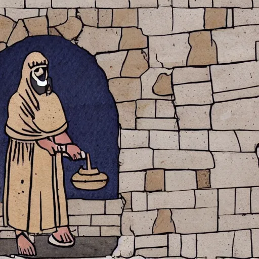 Image similar to award winning cinematic still of 40 year old Mediterranean skinned man in ancient Canaanite clothing building a broken wall in Jerusalem, ink and color watercolor in the style of a 2022 modern illustration