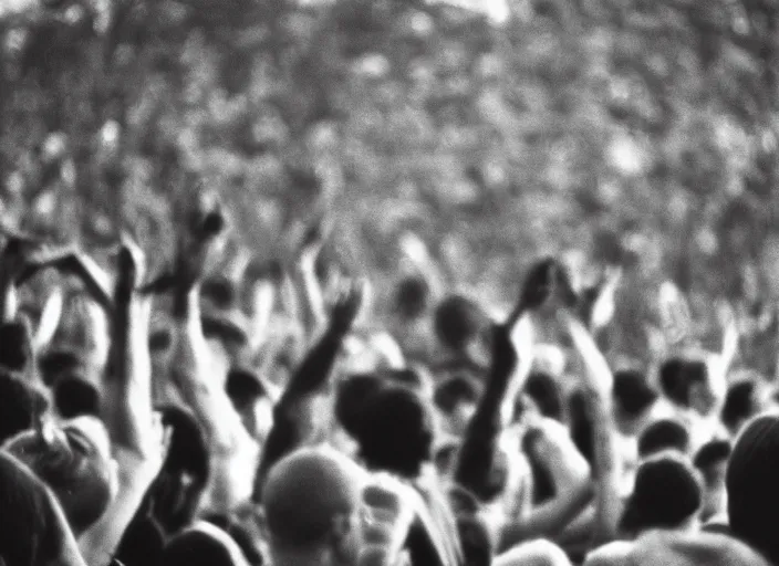 Prompt: a 2 8 mm macro photo from the back of a crowd at a rock concert festival in silhouette in the 1 9 6 0 s, bokeh, canon 5 0 mm, cinematic lighting, dramatic, film, photography, golden hour, depth of field, award - winning, 3 5 mm film grain