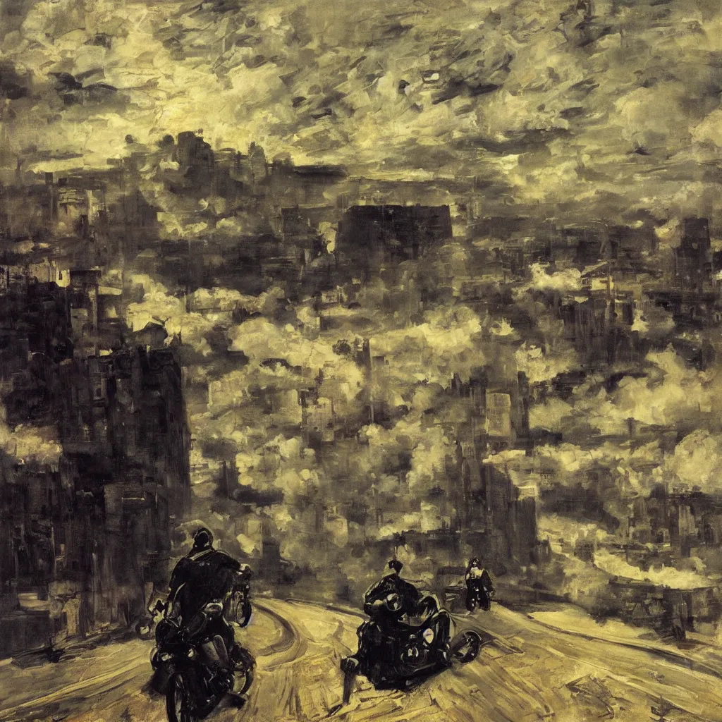 Image similar to a city in the clouds, one raised road leaving the city curving towards viewer, a motorcycle, man wearing leather jacket and black helmet, oil painting, style of george bellows