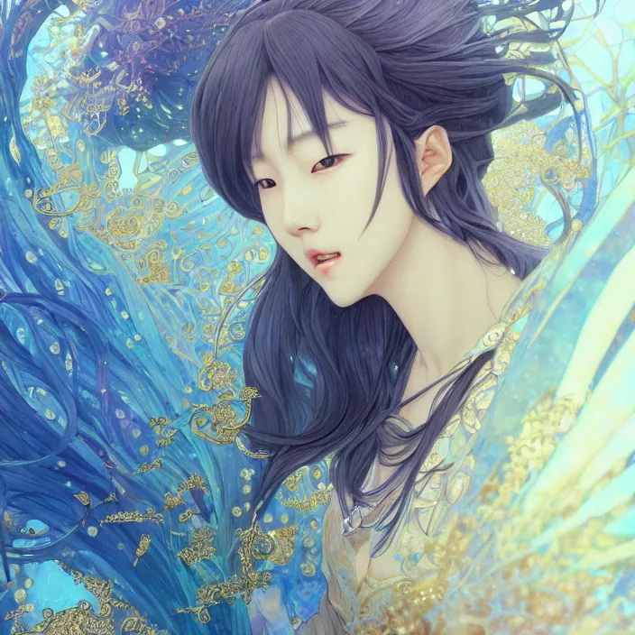 Prompt: korean idol with sparkling eyes, closed up portrait, highly detailed, gold filigree, epic, stunningly beautiful, insanely detailed, fantasy, soft cinematic lighting, award, disney concept art, watercolor illustration by makoto shinkai and hayao miyazaki, mandy jurgens and alphonse mucha and alena aenami, pastel color palette, featured on artstation