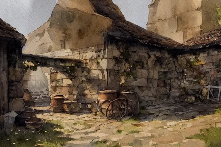 Prompt: watercolor painting of rustic ruin cellar, wooden crates, barrels, stone walls, lantern, very beautiful ambient lighting, sun rays, dust, art by anders zorn